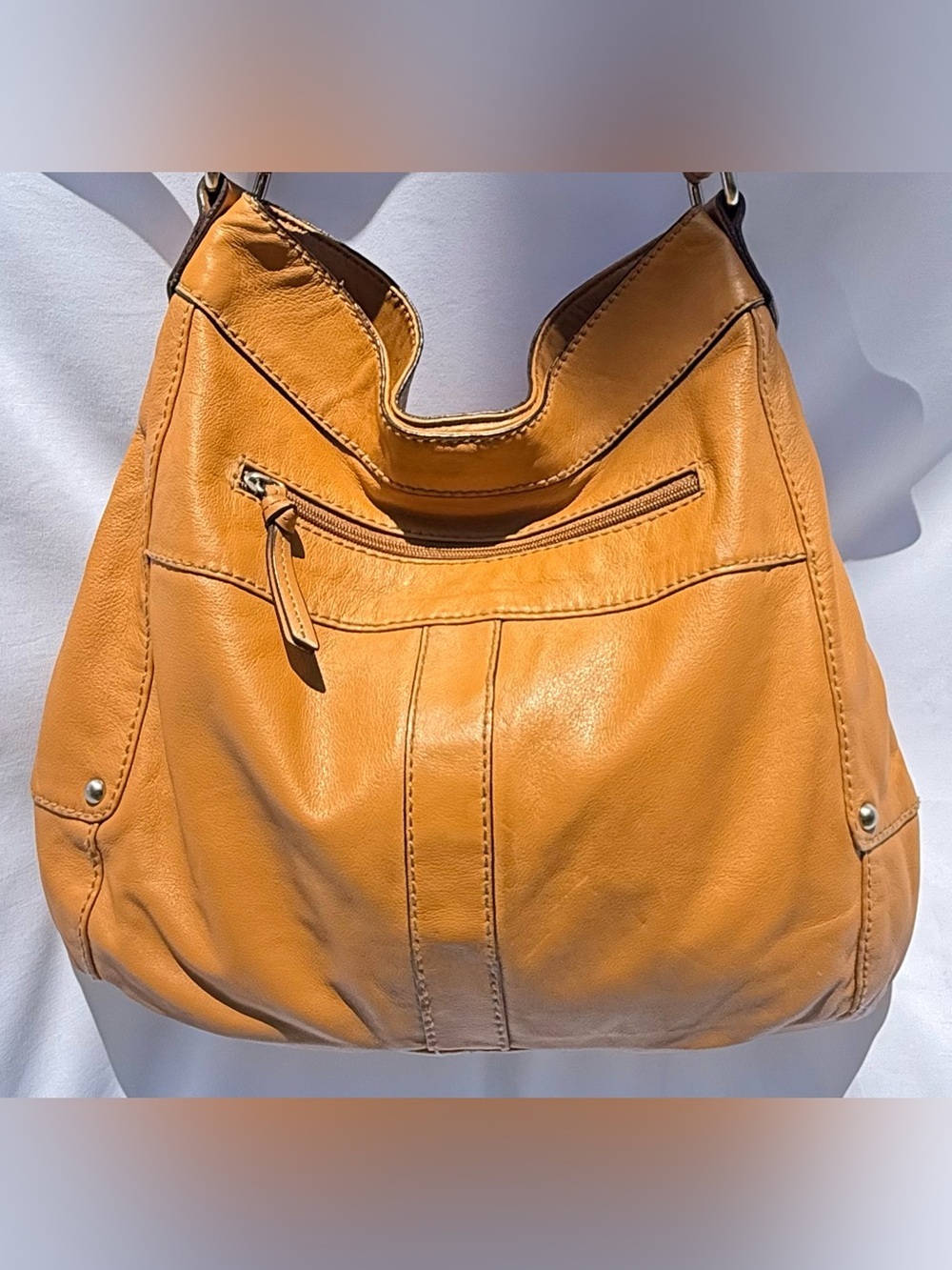 Tignanello Cognac Leather Hobo Shoulder Bag Braided Trim Utility Pocket Purse - Picture 2 of 10